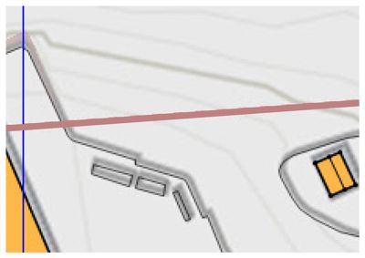 En situasjonsplan som viser et tomt med konturer, en vei (rød linje), og plassering av bygninger (grå og gule rektangler).