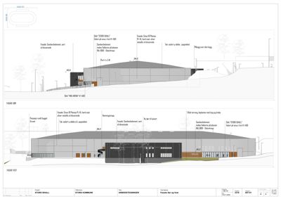 Fasadetegning som viser bygningens utseende sett fra sør og vest, inkludert materialvalg og detaljer.