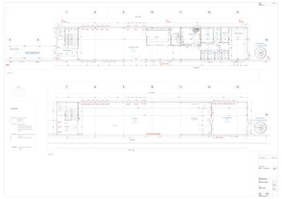 Etasjeplan (plan 1/2 og 2/2) som viser romfordeling, dimensjoner og konstruksjonsdetaljer for et hus.