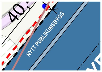 Dette er et utsnitt fra en situasjonsplan eller tomtetekart som viser byggegrenser, eiendomsgrenser og tekst 'NYTT PUBLIKUMSBYGG'.
