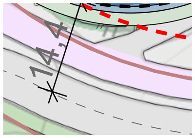 Detalj fra en situasjonsplan som viser et mål (14,4) mellom to punkter på eiendomsgrenser og vei.