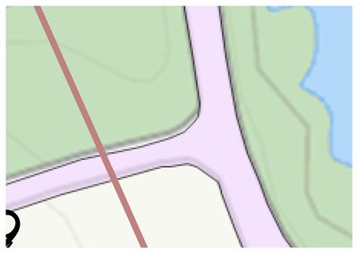 Et kartutsnitt som viser en vei (lilla) og terrengkonturer (grønn), sannsynligvis fra et situasjonskart eller tomtedokumentasjon.