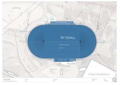 Situasjonsplan som viser plassering av ny ishall og eksisterende klubbhus i forhold til omgivelsene, inkludert parkering, vei og fasader.