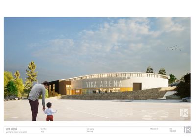 3D-visualisering av fasaden på 'Vika Arena' med omgivende landskap og en familie i forgrunnen.