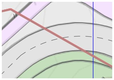 Et kartutsnitt som viser topografi (konturlinjer), en vei (stiplet linje) og en grense (rød linje).