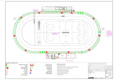 Etasjeplan for en idrettshall med omgivende løpebane, som viser plassering av utstyr, brannutrymningsveier og nødstasjoner.