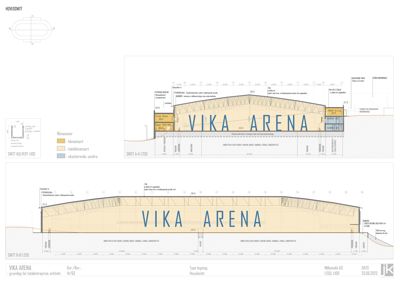 Hovedsnitt av Vika Arena som viser bygningens tverrsnitt, høyder og konstruksjon.