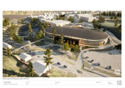 3D-visualisering (rendering) av Vika Arena og omgivelsene, inkludert parkering og vei.