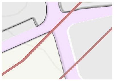 Et digitalt kart eller situasjonsplan som viser en del av et område med veier (lilla), eiendomsgrenser (svarte linjer) og muligens en grense eller vei i rød farge.