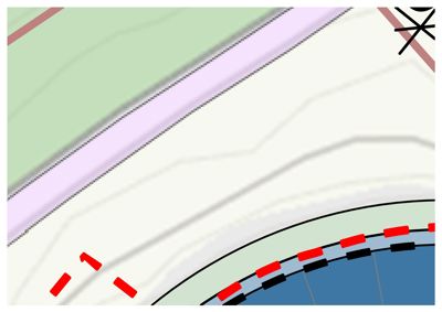 Et kartutsnitt som viser topografi (konturlinjer), en vei eller gangvei, og et område med vann (blått). Det er også markeringer i rødt.