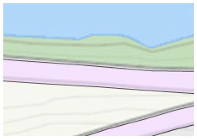 Dette bildet viser en situasjonsplan (tomteplan). Det illustrerer et snitt gjennom terrenget for å vise høydeforskjeller, med grønt som representerer bakkenivå og blått som vann. De lilla fargede båndene indikerer sannsynligvis veg eller vei i landskapet.