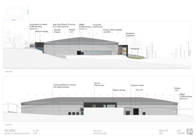 Fasadetegning av Vika Arena med oppriss og detaljerte beskrivelser av materialer og konstruksjon.