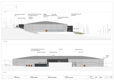 Tegning som viser fasadeoppsettet for en bygning (Stord Ishall) sett fra nord og øst, inkludert materialbeskrivelser og høyder.