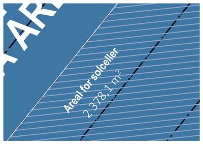 Detalj fra en situasjonsplan som viser et areal beregnet for solceller på 2378,1 m².