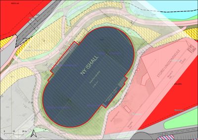 Situasjonsplan som viser plassering av ny ishall i forhold til eksisterende infrastruktur (veier, andre bygninger) og arealbruk.