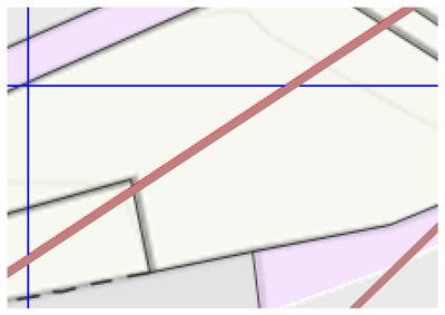 Et kartutsnitt som viser eiendomsgrenser (tomtegrenser), vegger eller vegger med en tydelig rød linje som kan representere en vei eller en grense.