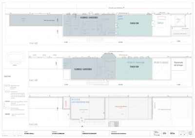 Plantegning som viser romfordeling og etasjer for en bygning (Klubhus/Garasje).