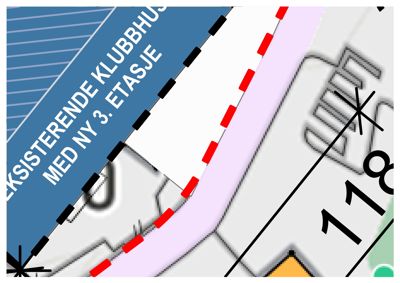 Et detaljutsnitt fra en situasjonsplan som viser grenser mellom eiendommer (tomtegrenser), eksisterende bygninger og planlagte utvidelser.