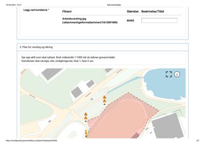 Situasjonsplan som viser et graveområde med omkjøringsrute, advarselsskilte og nabolag.
