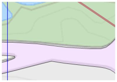 En kartutsnitt som viser terrengform (konturlinjer), vann (blått) og ulike soner eller vegger (fargede områder).