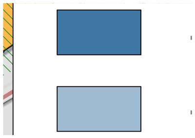 Dette ser ut til å være en detaljtegning eller et snitt fra en større tegning, som viser konstruksjonsdetaljer (gul skravering) og to fyllte rektangler som kan representere rom eller materialer.