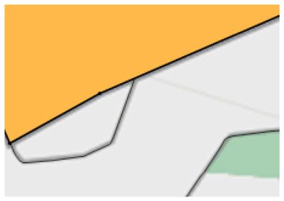Et kartutsnitt som viser en del av en tomt (gult) og nabolag (grønt) med overlappende geometriske former.