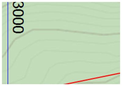 Et kartutsnitt som viser et høydemålestokk (3000) og topografiske kurver.