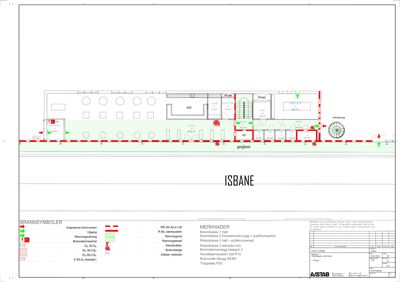 Snittegning som viser bygningens tverrsnitt, inkludert etasjer, romfordeling og brannsystemer.