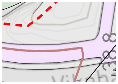 Et kartutsnitt som viser topografi (høydekurver), eiendomsgrenser og et høydemål (38,8).
