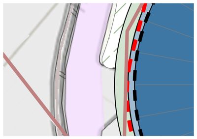 Dette bildet viser en detaljert tegning av en konstruksjon, sannsynligvis fasade eller takkant, med tydelige farger som representerer ulike materialer (f.eks. blått for glass/fasade og rødt/svart for tettingselementer).
