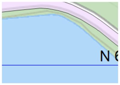 Dette er en detalj fra en situasjonsplan som viser en vannmasse (blått) og kystlinjen med tilhørende terrengform (grønt og lilla).