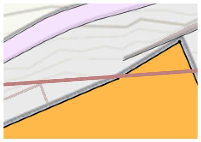 Dette er en detalj fra en situasjonsplan (tomteplan). Den viser en gul farget tomt med en svart kantlinje, som indikerer byggegrense eller eiendomsgrense. Det er også tegnet inn en rød linje som sannsynligvis representerer en vei eller gangvei, samt en lilla bane som kan være en vei eller annen infrastruktur. Konturene i bakgrunnen antyder terrengform.