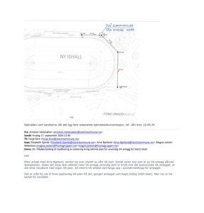 Kart som viser VA-anlegg (vann og avløp) i forhold til Stord Ungdomsskule og ny ishall.