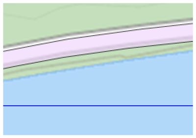 Dette bildet viser en detalj fra en situasjonsplan (site_plan). Det illustrerer et tverrsnitt av et terreng med en vei (lilla), en grønn skråning og en blå vannflate (sannsynligvis en elv eller innsjø) i forgrunnen.