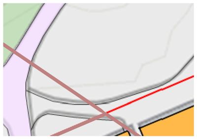 Et detaljutsnitt fra en situasjonsplan som viser tomtegrenser, vegforløp og fargekodet arealbruk.