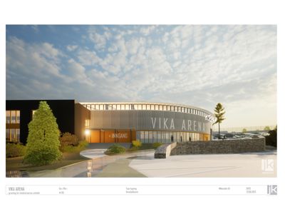 3D-visualisering (rendering) av fasaden til Vika Arena med omgivende landskap og belysning.