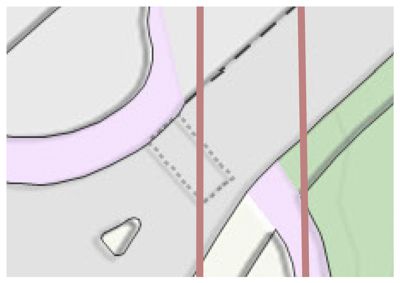 Et kartutsnitt som viser topografi (konturlinjer), vegetasjon (grønne områder) og muligens en vei eller grense (dekket av røde linjer).