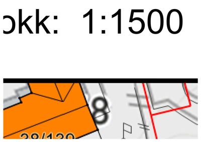 Et utsnitt av et kart eller situasjonsplan med skala 1:1500, som viser tomtegrenser (rød linje), bygningssilhuett (orange farge) og et husnummer (8).