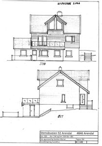 Fasadetegning som viser to utsnitt av et hus (SVD og ØST) med vinduer, dører, tak og trapper.