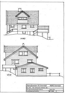 Fasadetegning (Nord og Vest) av et hus med adresse Stensåsveien 92 Arendal.