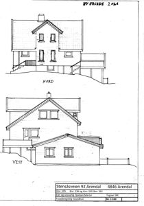Fasadetegning av hovedhuset med oppriss av Nord- og Vestfasaden.
