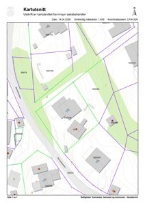 Et kartutsnitt (kartutsnitt) som viser eiendomsgrenser, bygninger og vegnett i et område.
