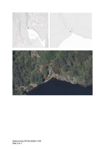 Bildet viser en situasjonsplan med to kartutsnitt øverst (topografisk og vei/kart) og et flyfoto nederst med en bygning markert med rød sirkel.