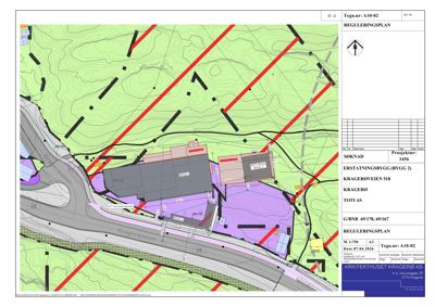 Situasjonsplan (reguleringsplan) som viser tomtens beliggenhet, topografi, veier og bygningers plassering.