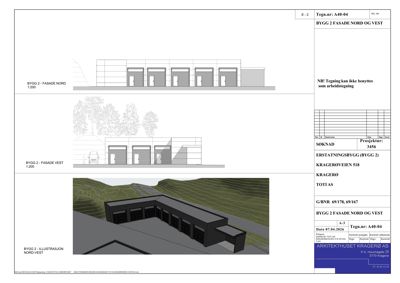 Tegning som viser fasadeoppsett for en bygning (BYGG 2) sett fra nord og vest, samt en 3D-illustrasjon av samme fasade.