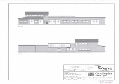 Tegning som viser fasadeopprikk (fra nord og sør) av en bygning.
