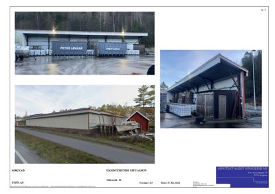 Fotografier av eksisterende bygning og situasjon (tomt, vei, nabolag).