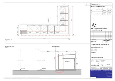 Bildet viser en tegning med både etasjeplan (BYGG 2 - PLAN) og snittegning (BYGG 2 - SNITT A-A) for en bygning.