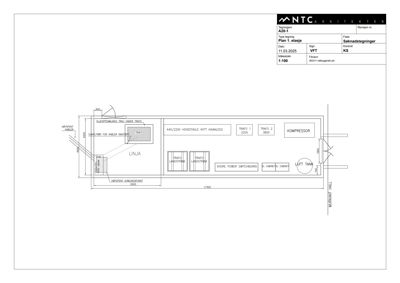Dette er en teknisk detaljtegning som viser plassering og dimensjoner for utstyr (transformatorer, kompressor, lufttank) i en teknisk rom eller skuff.