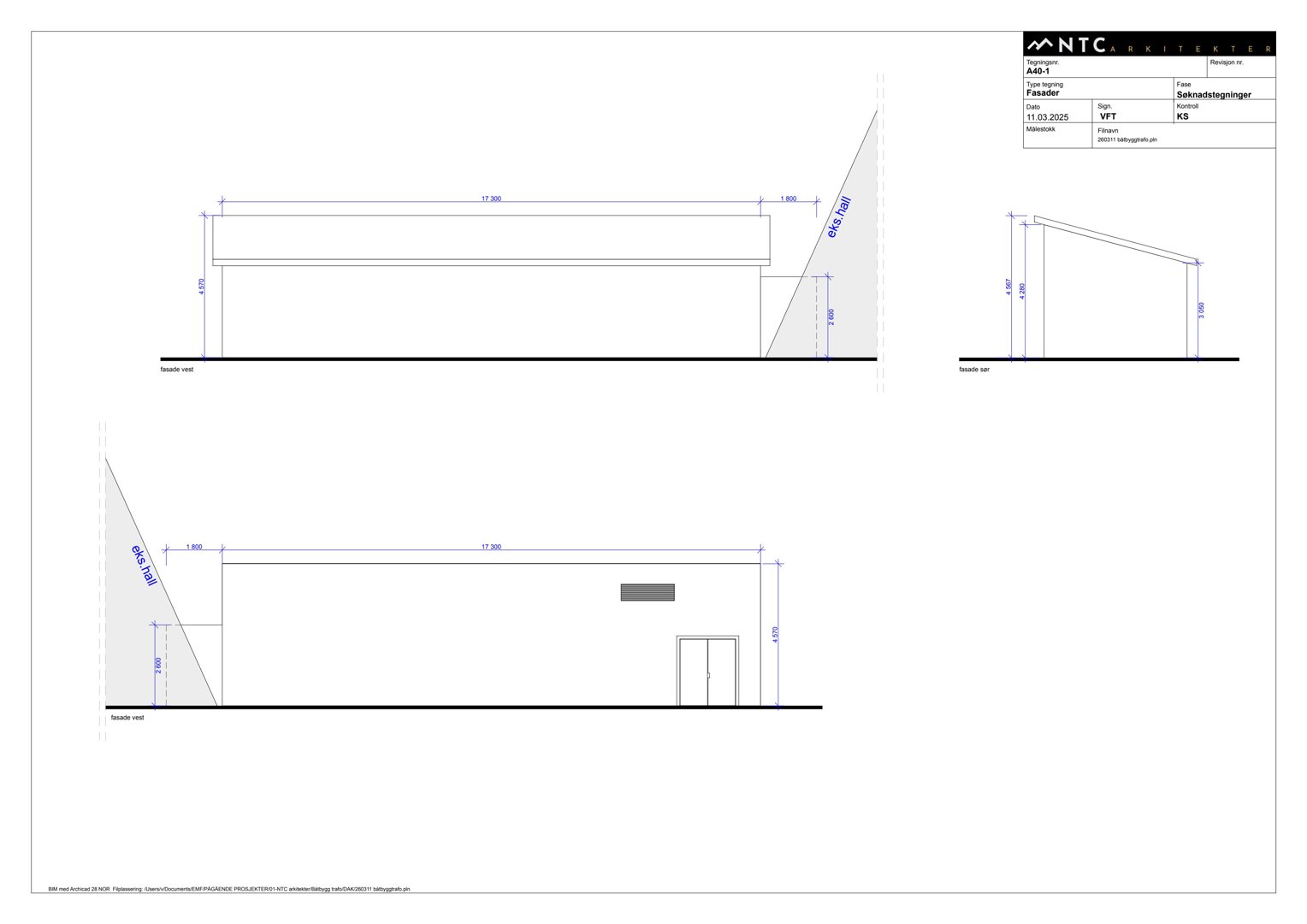 Snittegning som viser tverrsnittet av en bygning med angitte mål og høyder.